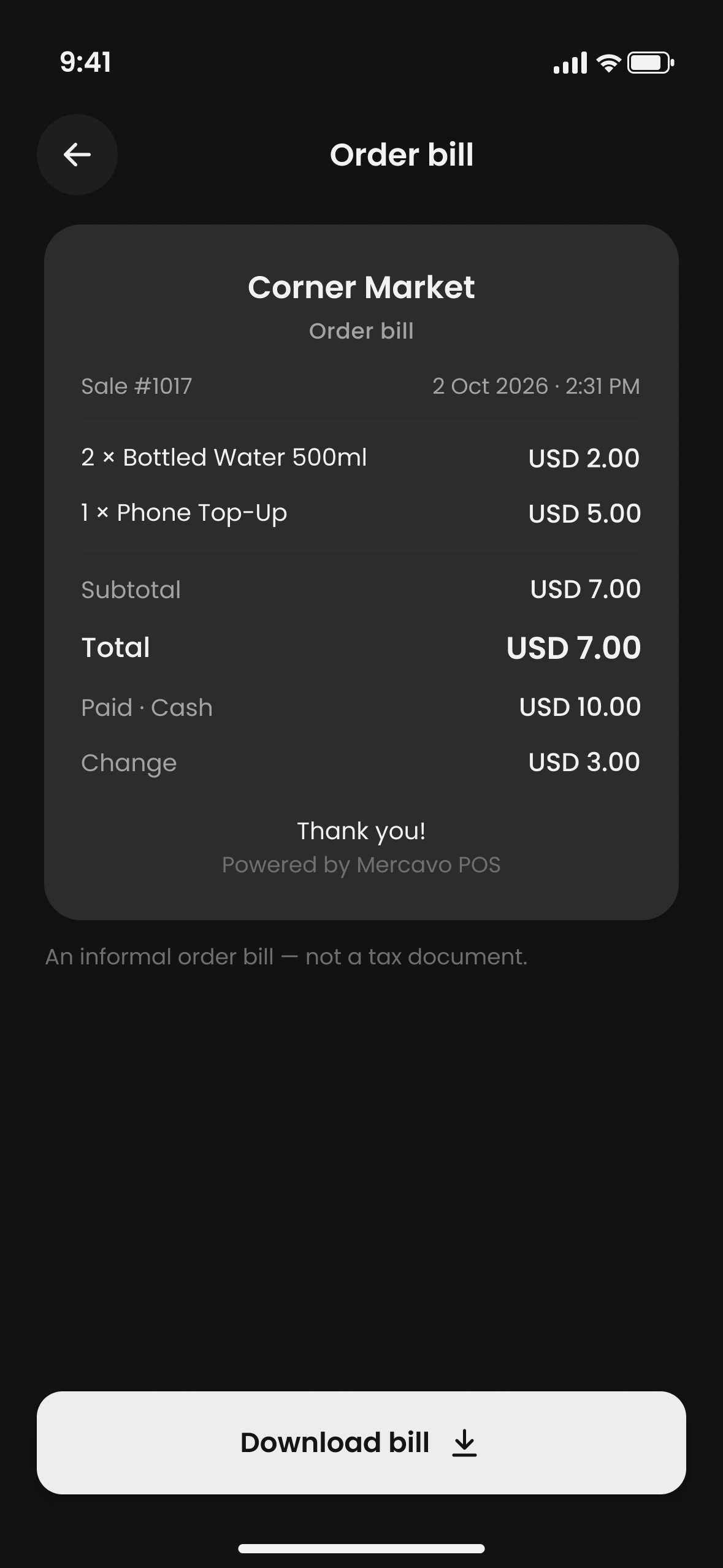 Mercavo POS order bill for a completed sale