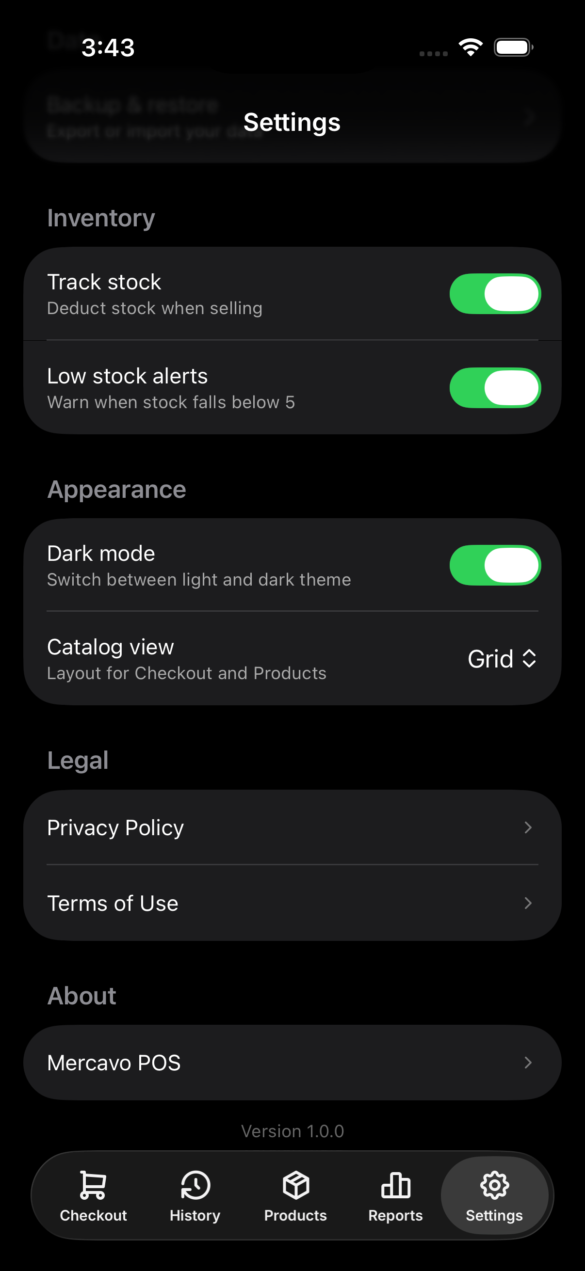 Inventory and appearance settings screen