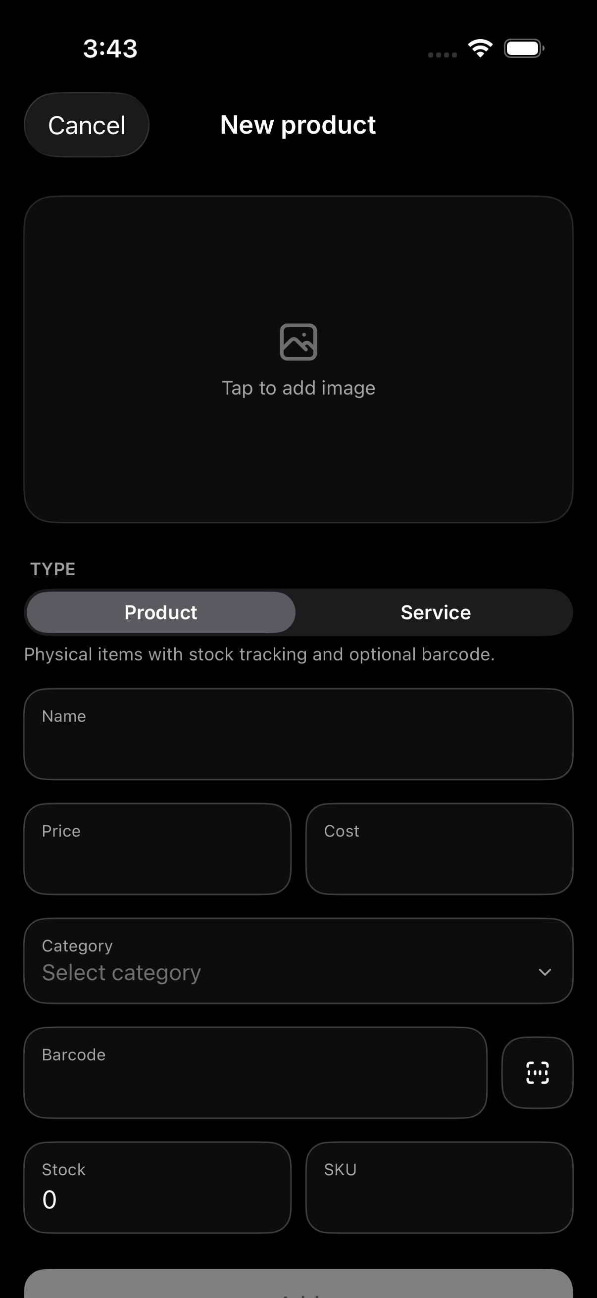 Add product screen