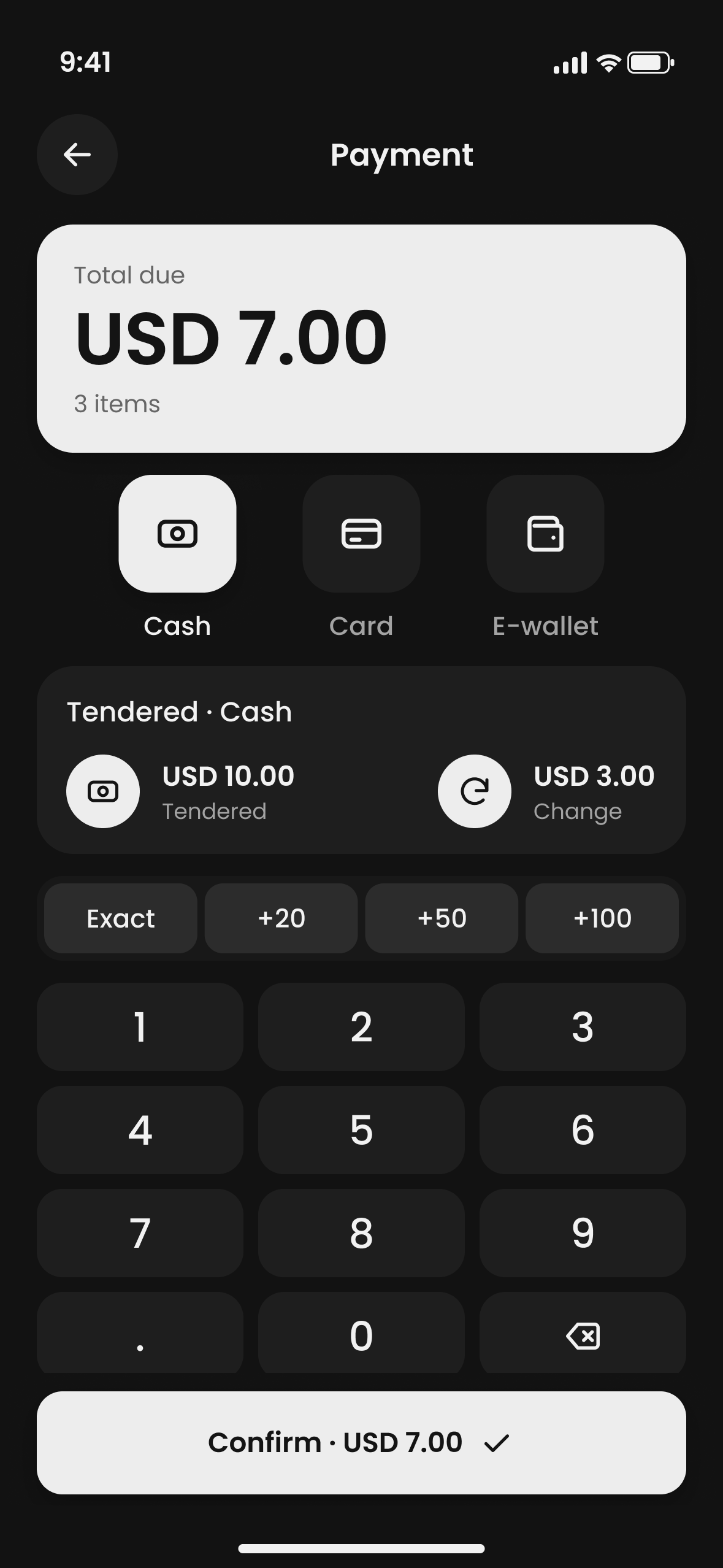 Mercavo POS Payment: the total due, payment methods, quick amounts and the keypad