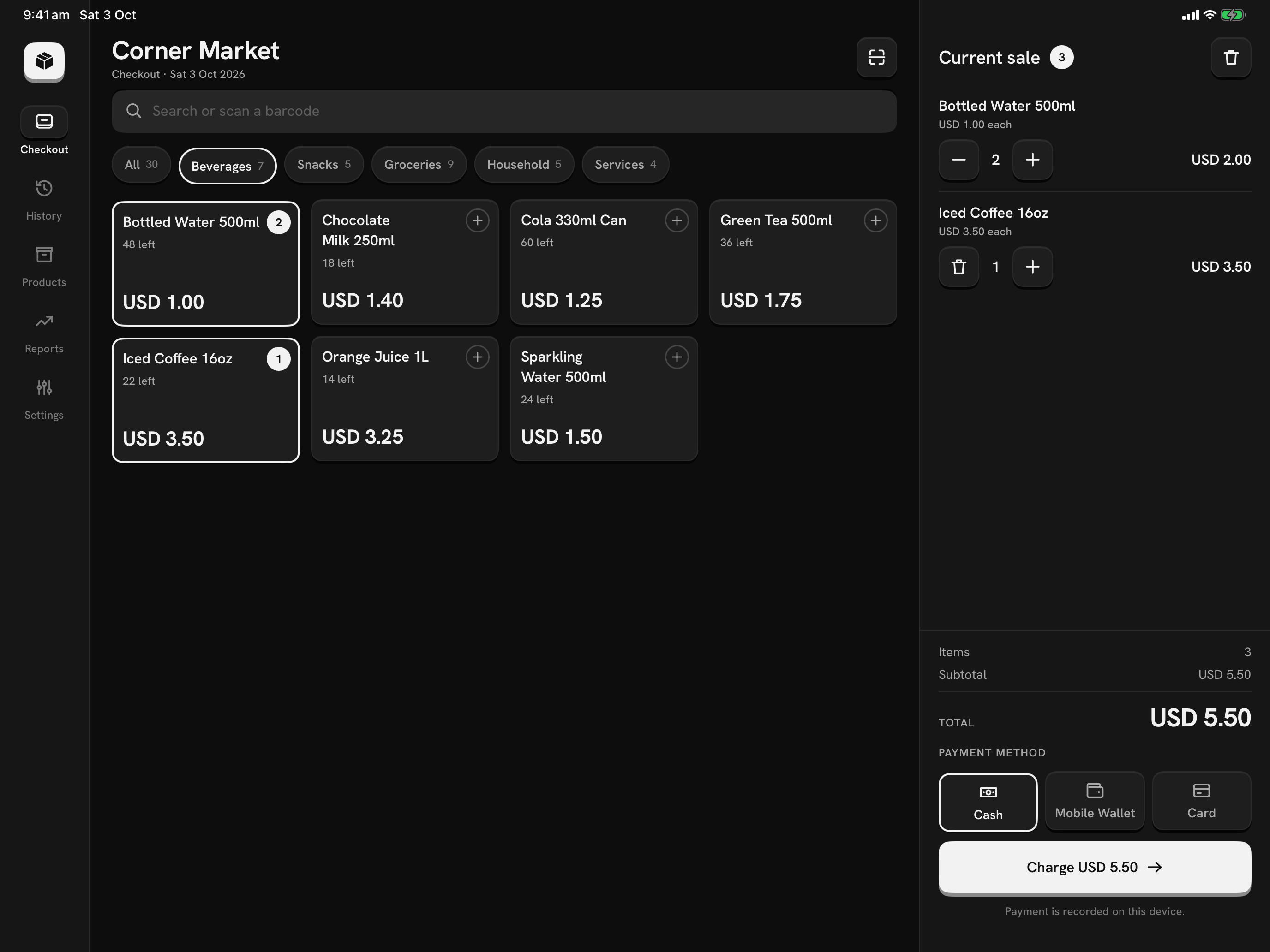 Mercavo POS on an iPad: the catalog beside the current sale