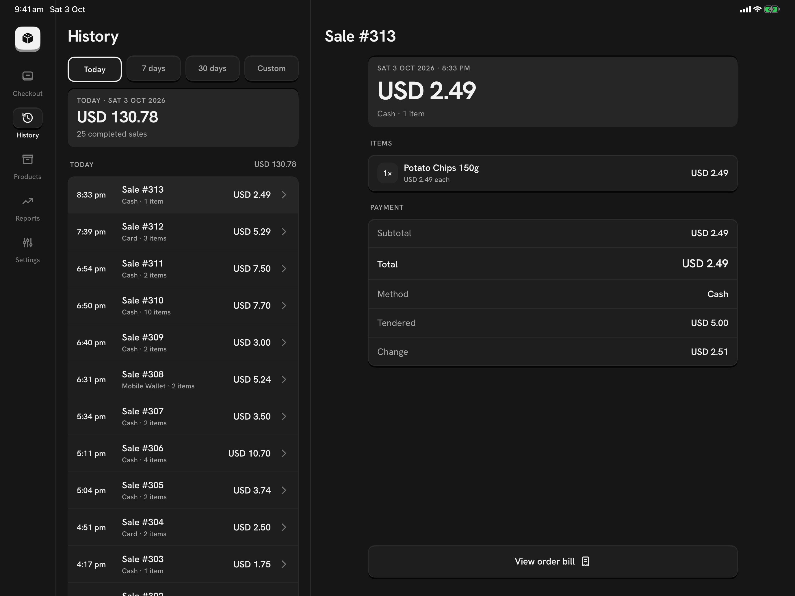 Mercavo POS History on a tablet: the day’s sales beside the selected sale