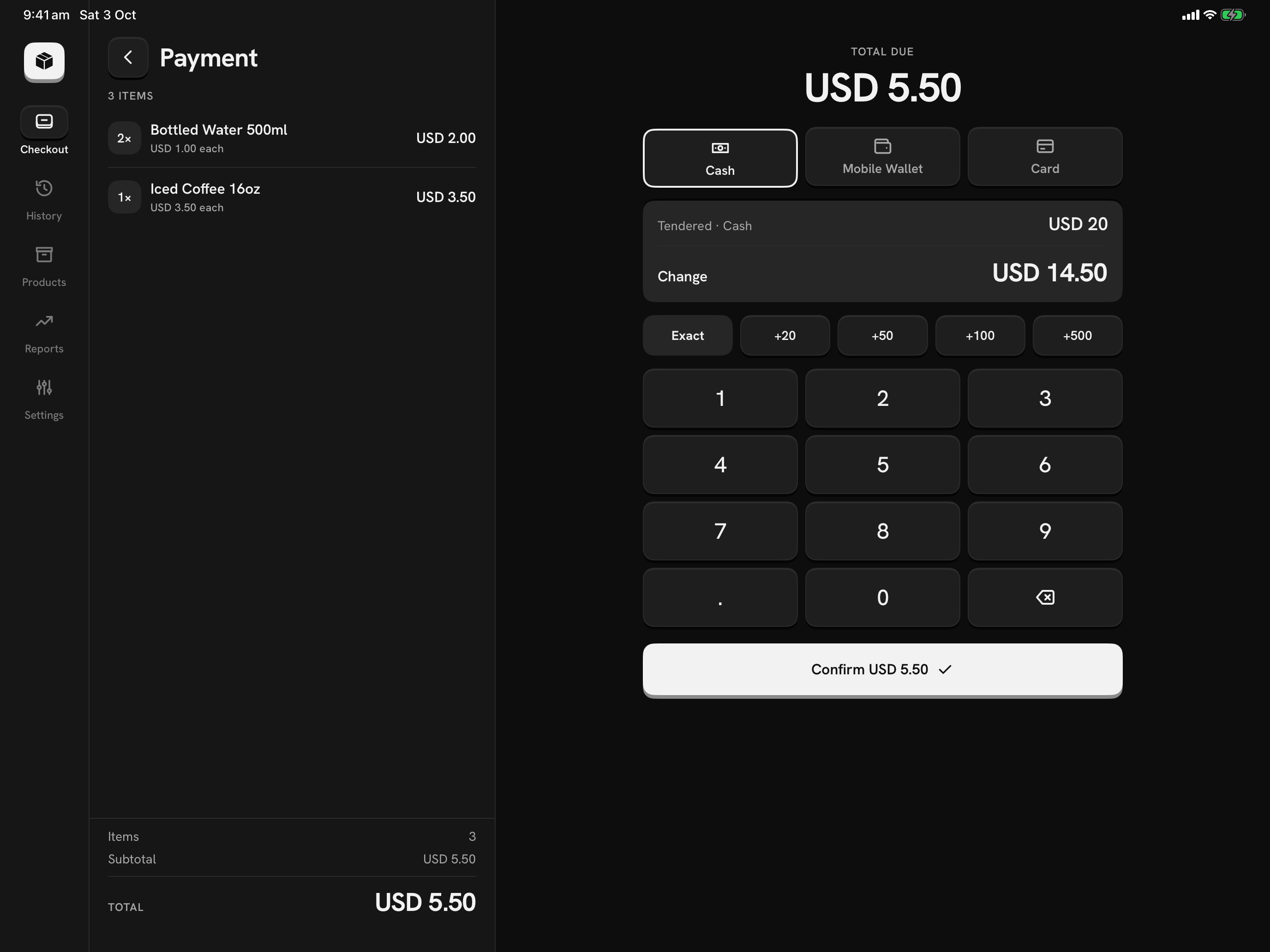 Mercavo POS Payment on a tablet: the sale on the left, the keypad and change on the right