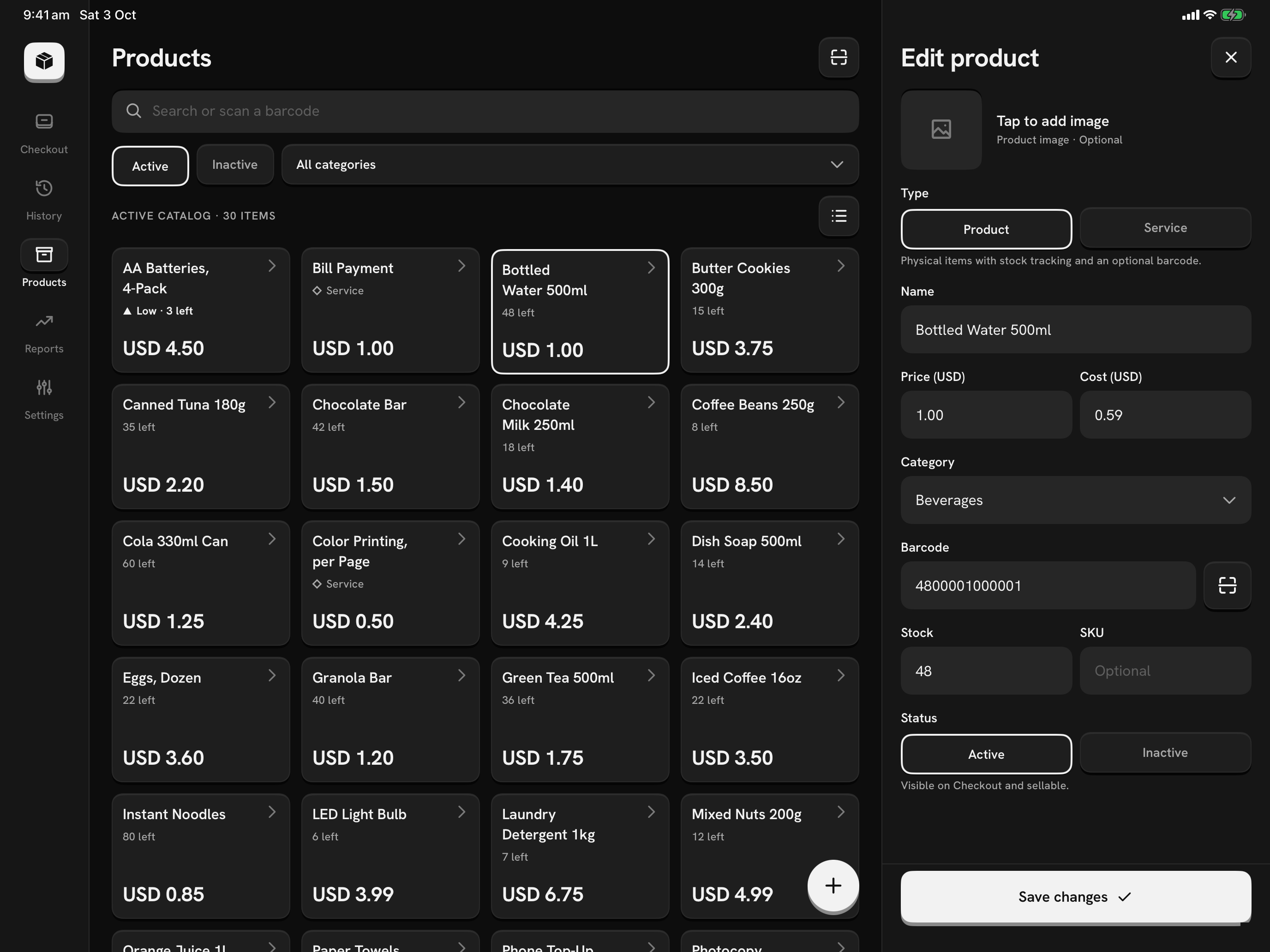 Mercavo POS Products on a tablet: the catalog with the product editor beside it