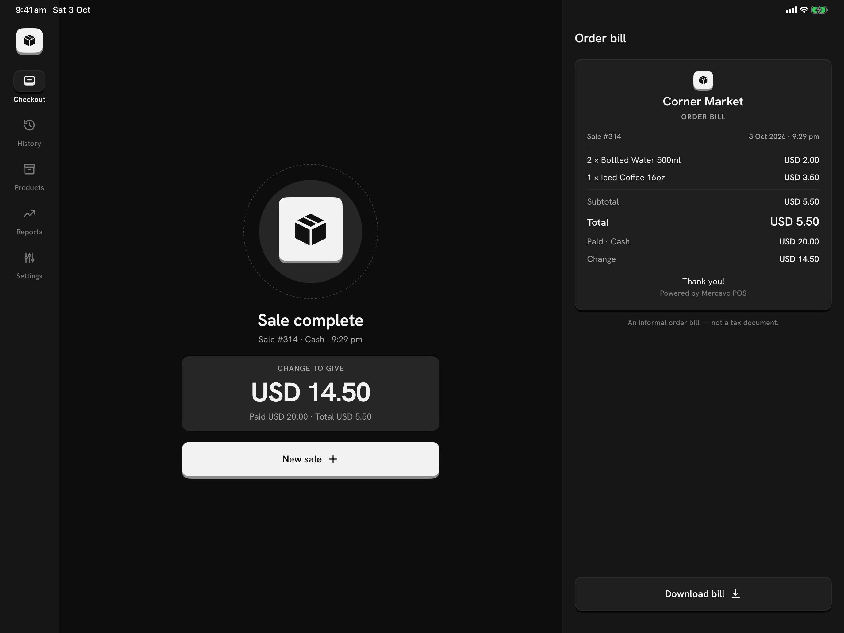 Mercavo POS Sale complete on a tablet, with the order bill beside it