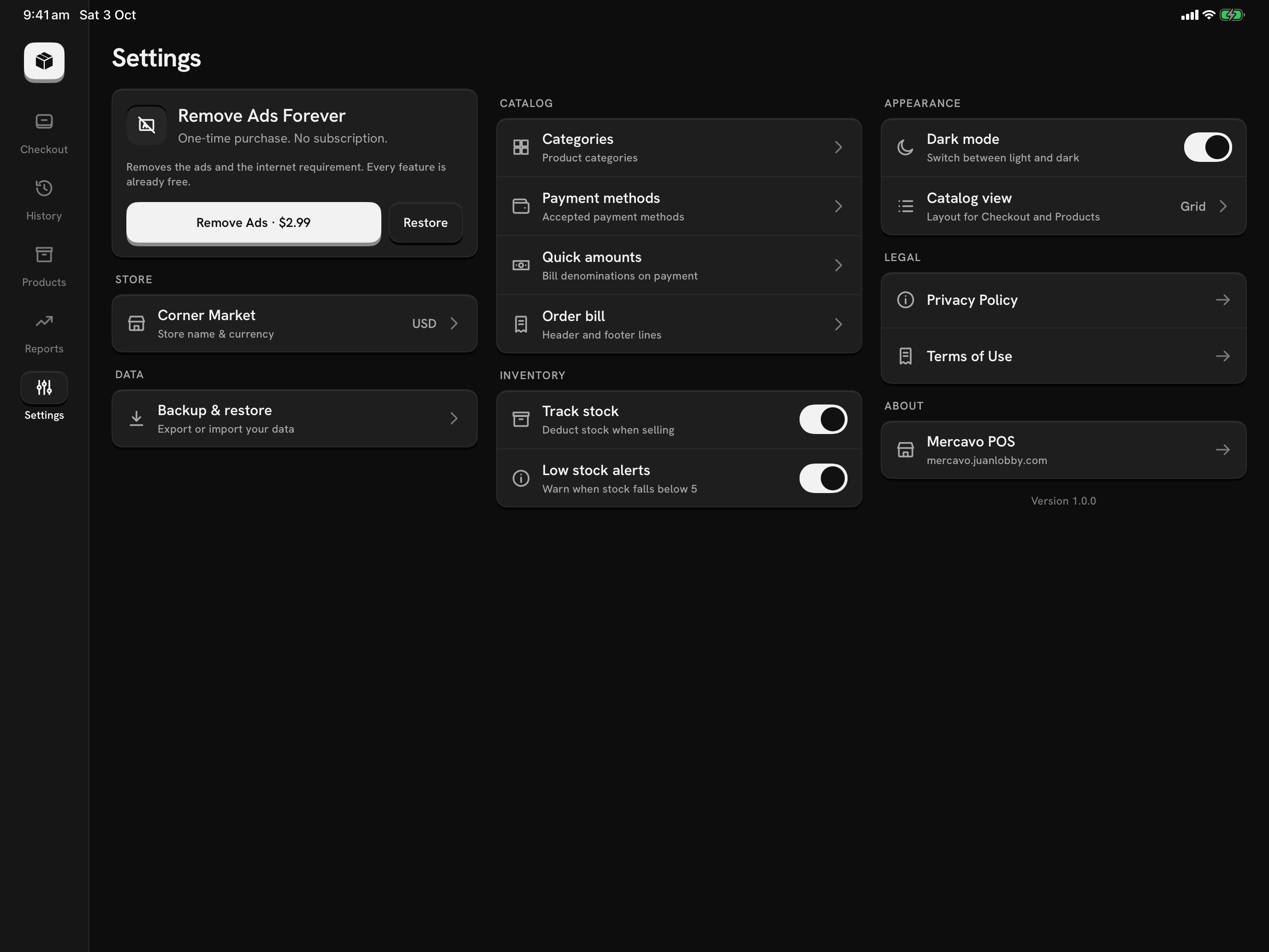 Mercavo POS Settings on a tablet, in three columns