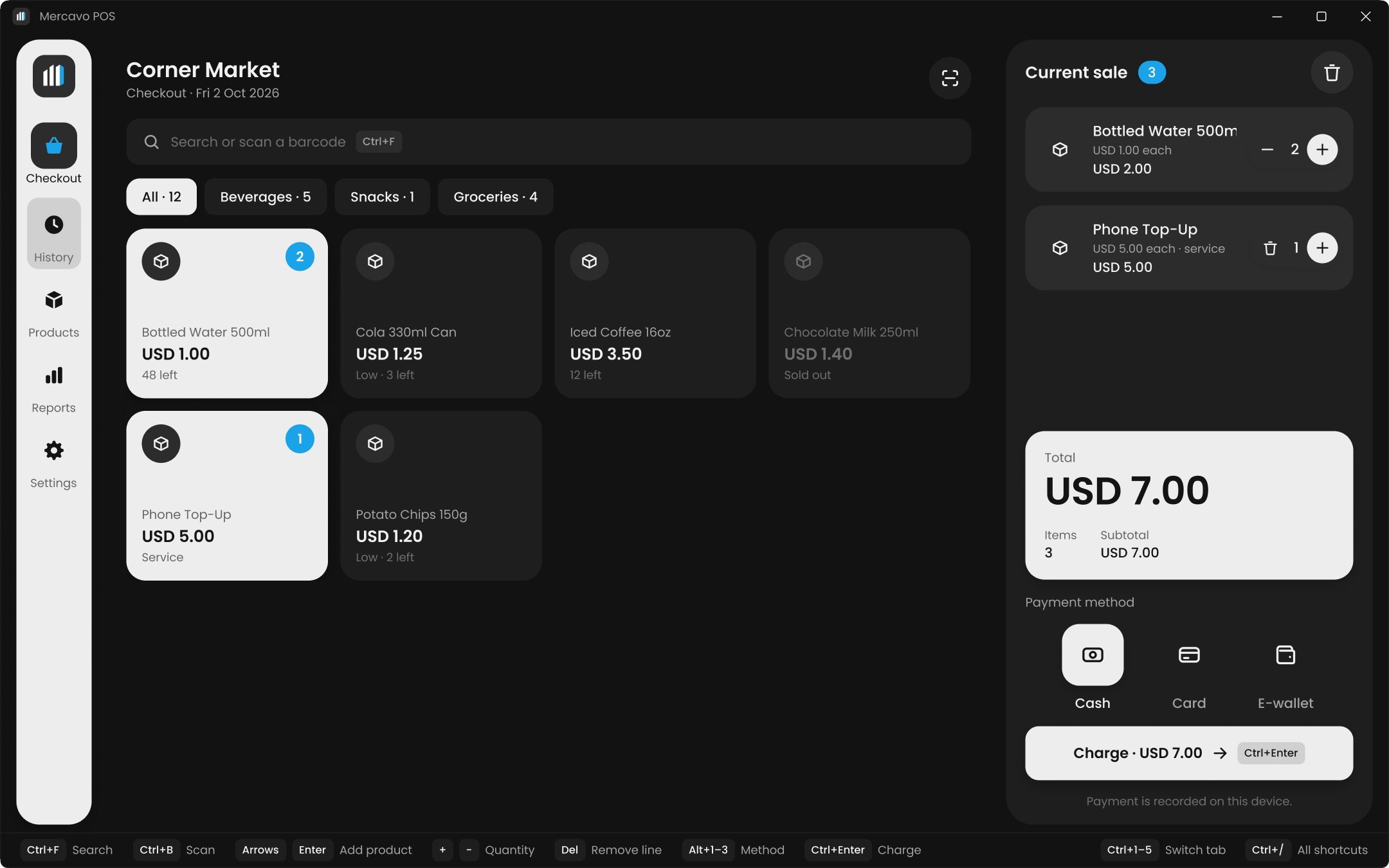 Mercavo POS for Windows: Checkout with the current sale and the shortcut bar