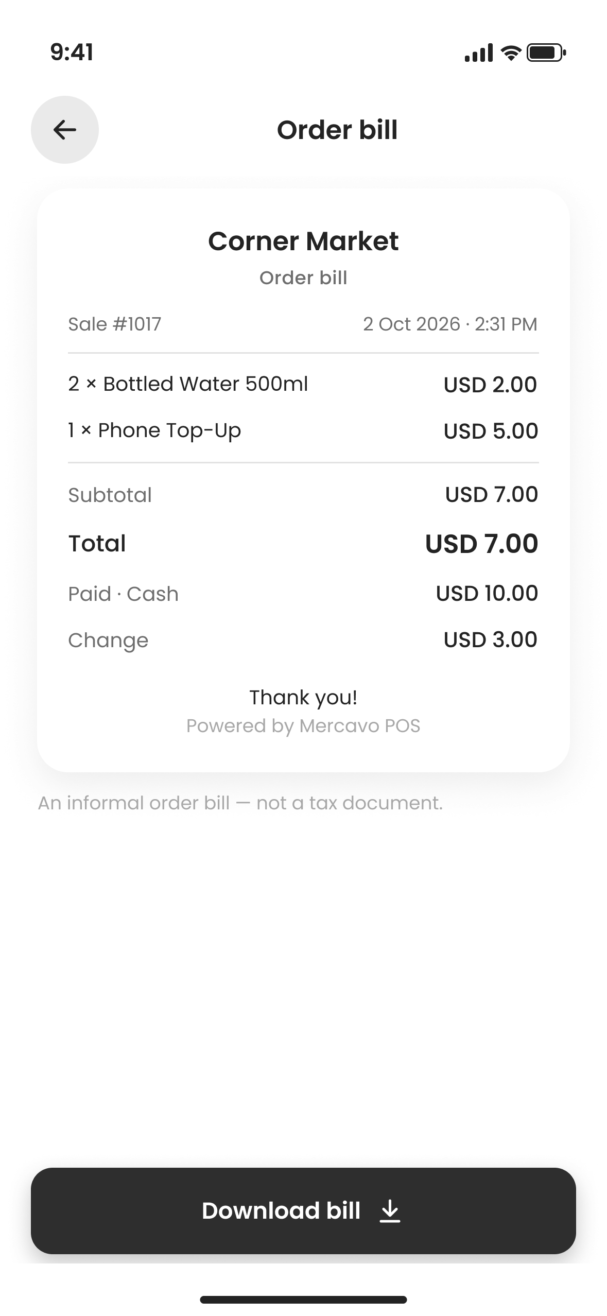 Mercavo POS order bill for a completed sale