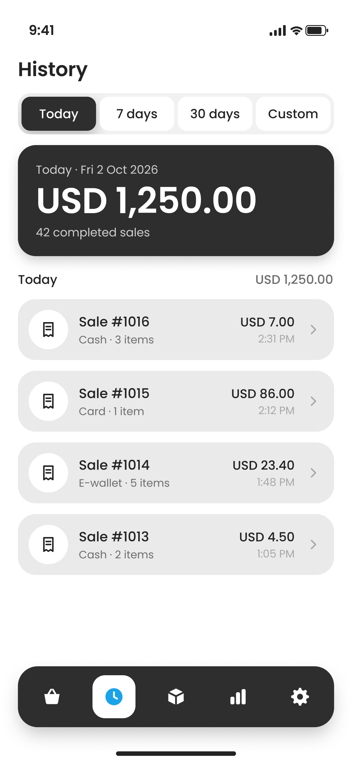 Mercavo POS History showing today’s completed sales