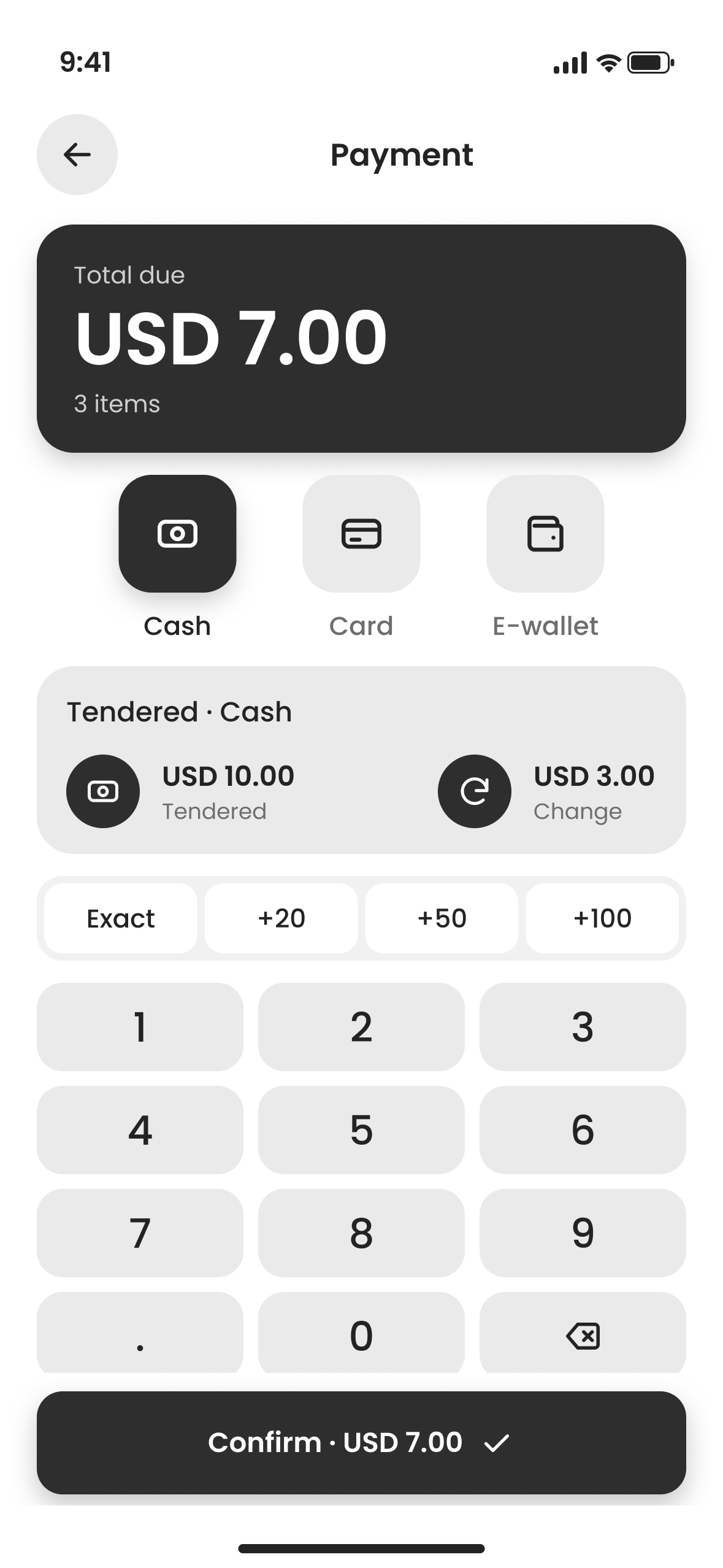 Mercavo POS Payment: the total due, payment methods, quick amounts and the keypad