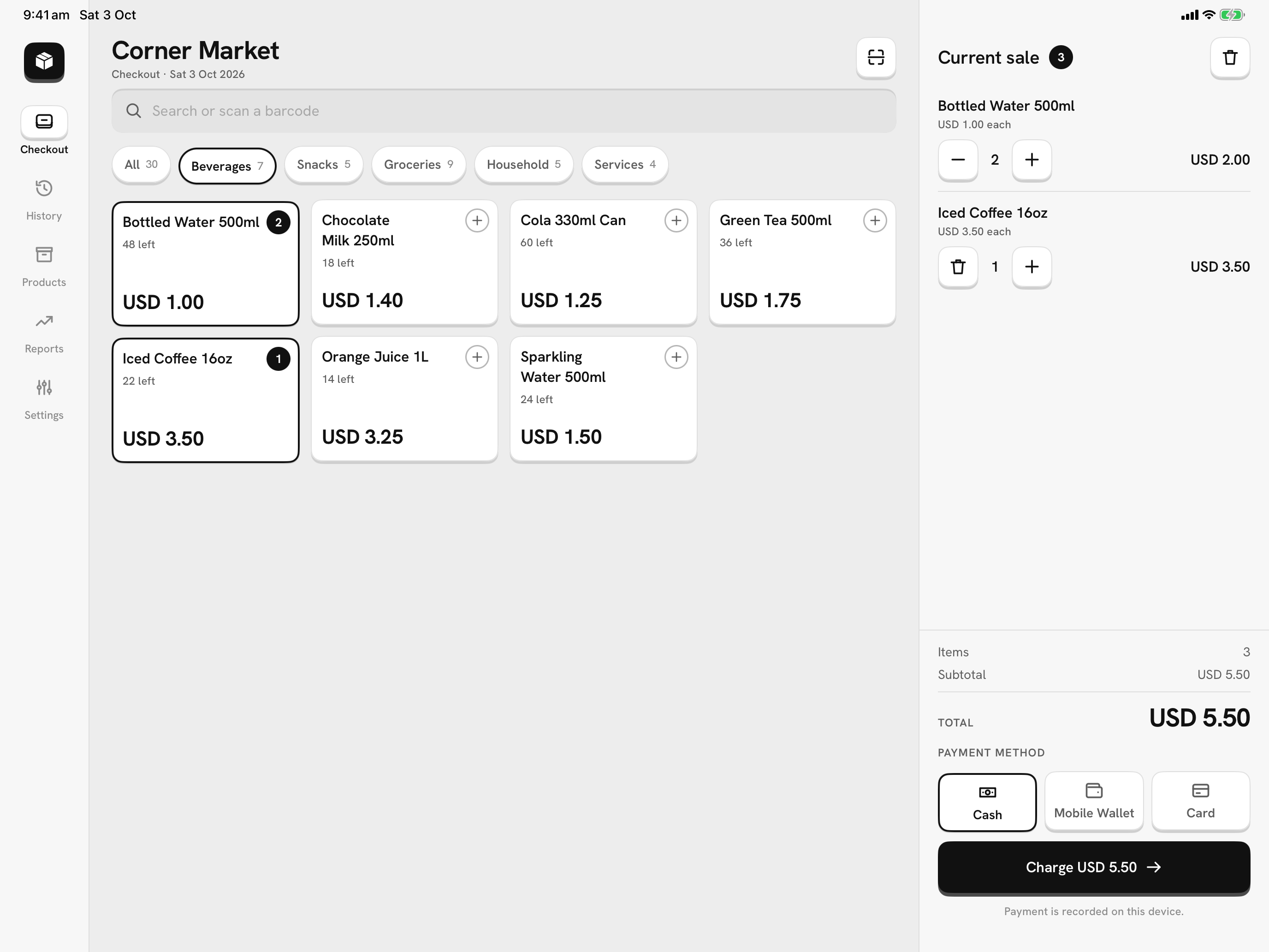 Mercavo POS on an iPad: the catalog beside the current sale
