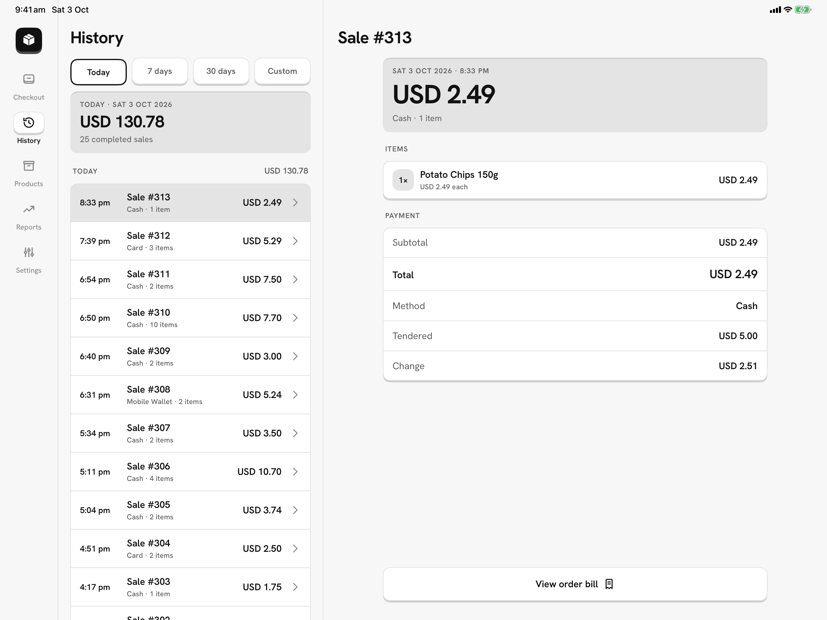 Mercavo POS History on a tablet: the day’s sales beside the selected sale