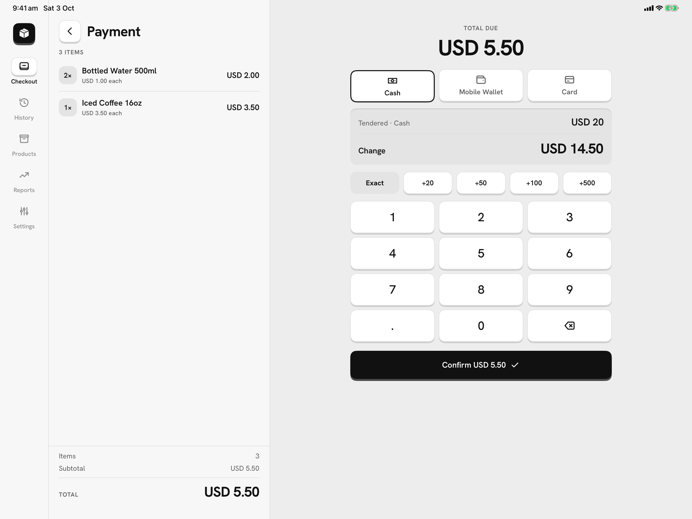 Mercavo POS Payment on a tablet: the sale on the left, the keypad and change on the right