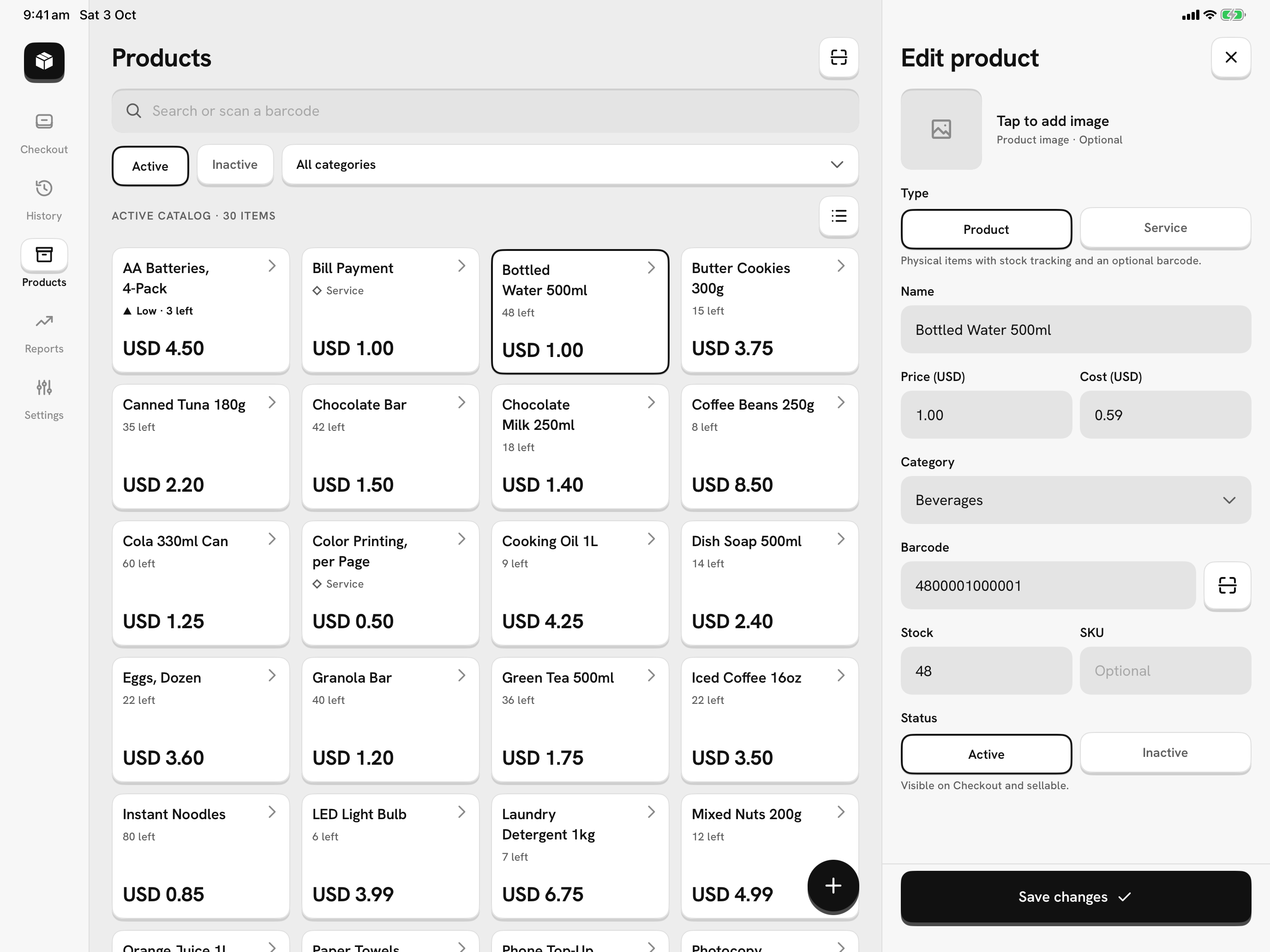 Mercavo POS Products on a tablet: the catalog with the product editor beside it