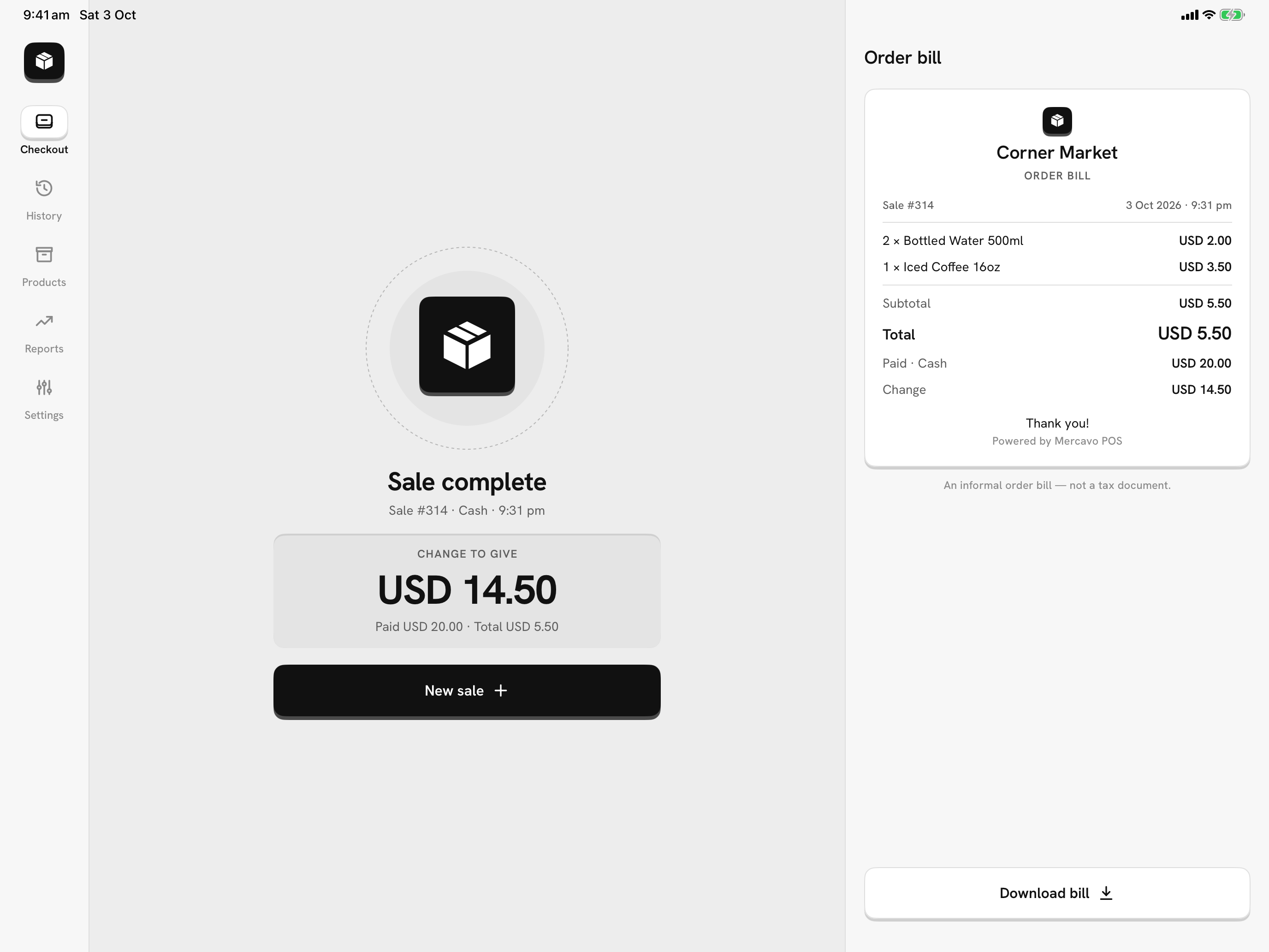 Mercavo POS Sale complete on a tablet, with the order bill beside it