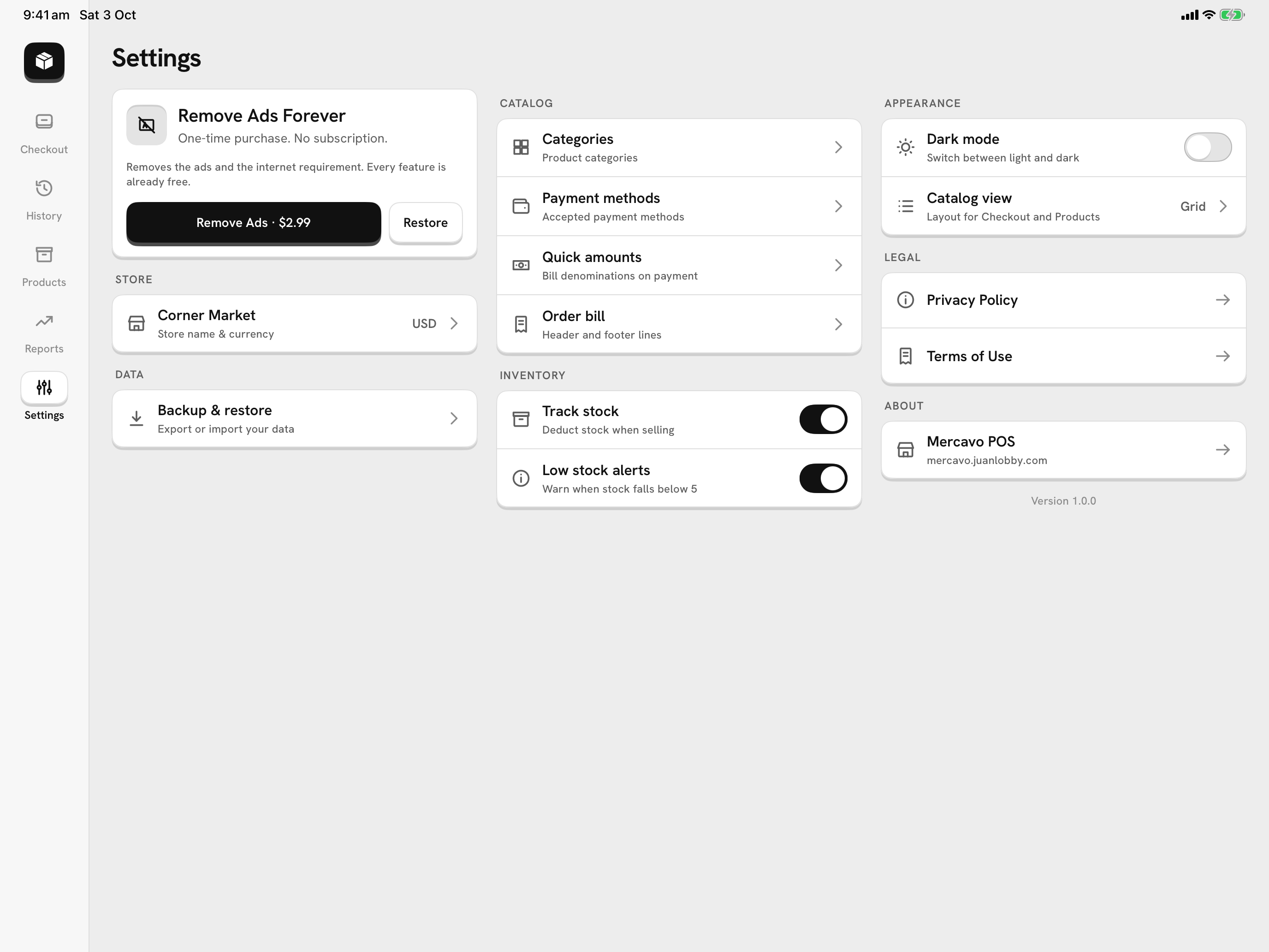 Mercavo POS Settings on a tablet, in three columns