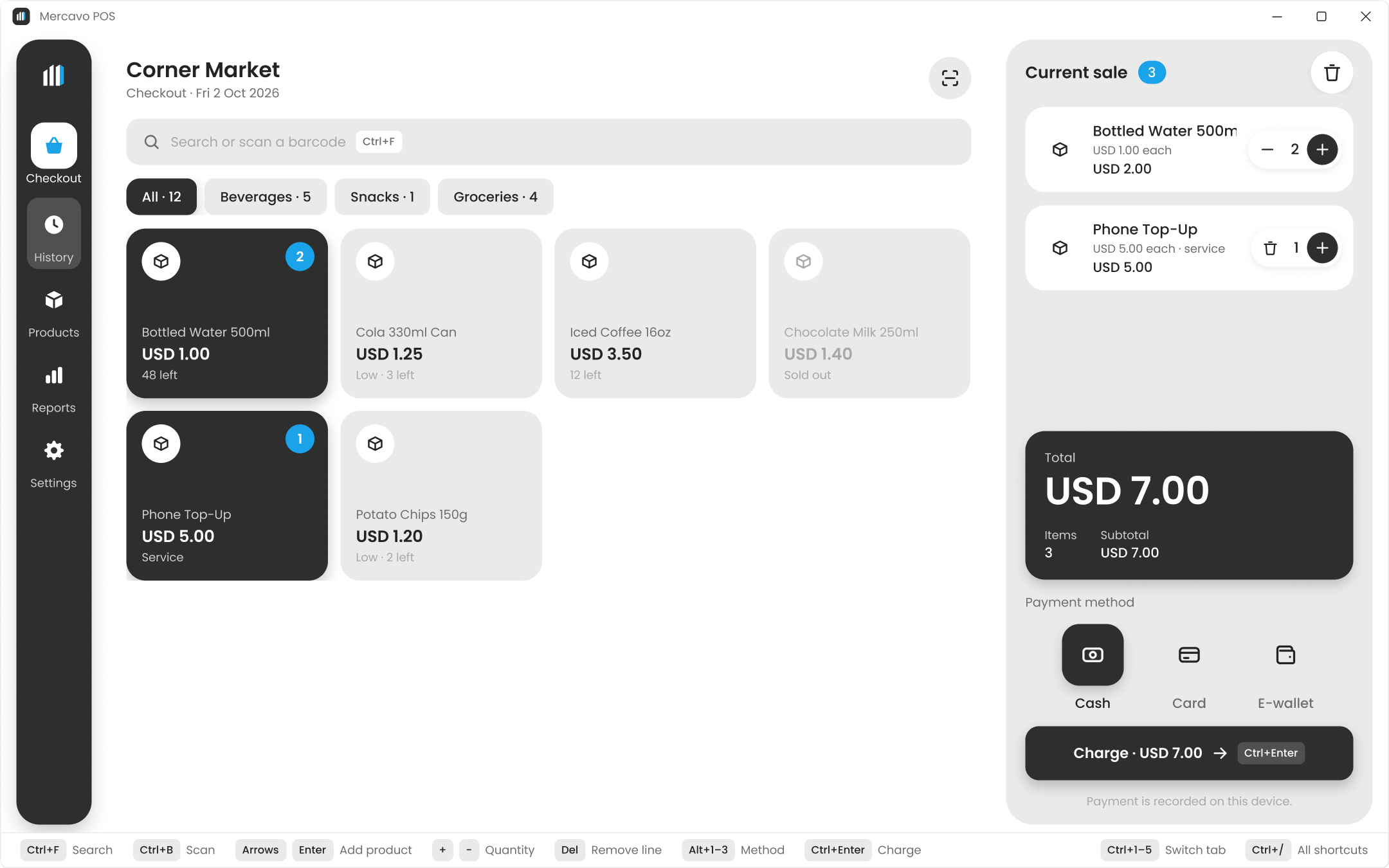 Mercavo POS for Windows: Checkout with the current sale and the shortcut bar